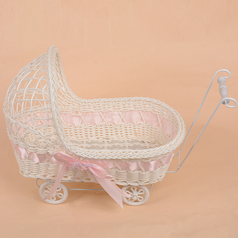 Decoración del hogar moderno creativo ratán artesanía cochecito cesta de almacenamiento carro