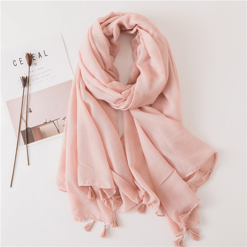 Super beautiful solid color nude pink shiny tassel cotton and linen scarf gauze scarf long silk scarf sun protection shawl dual-use Japanese original order