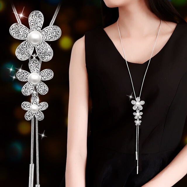 Korean style autumn and winter fashion gem sweater chain long multi-layer flower crystal necklace women's all-match tassel pendant Korean style autumn and winter fashion gem sweater chain long multi-layer flower crystal necklace women's all-match tassel pendant