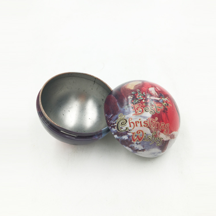 工厂专业定 制外贸圣诞球形铁罐马口铁球罐配丝带PET盒球形铁盒