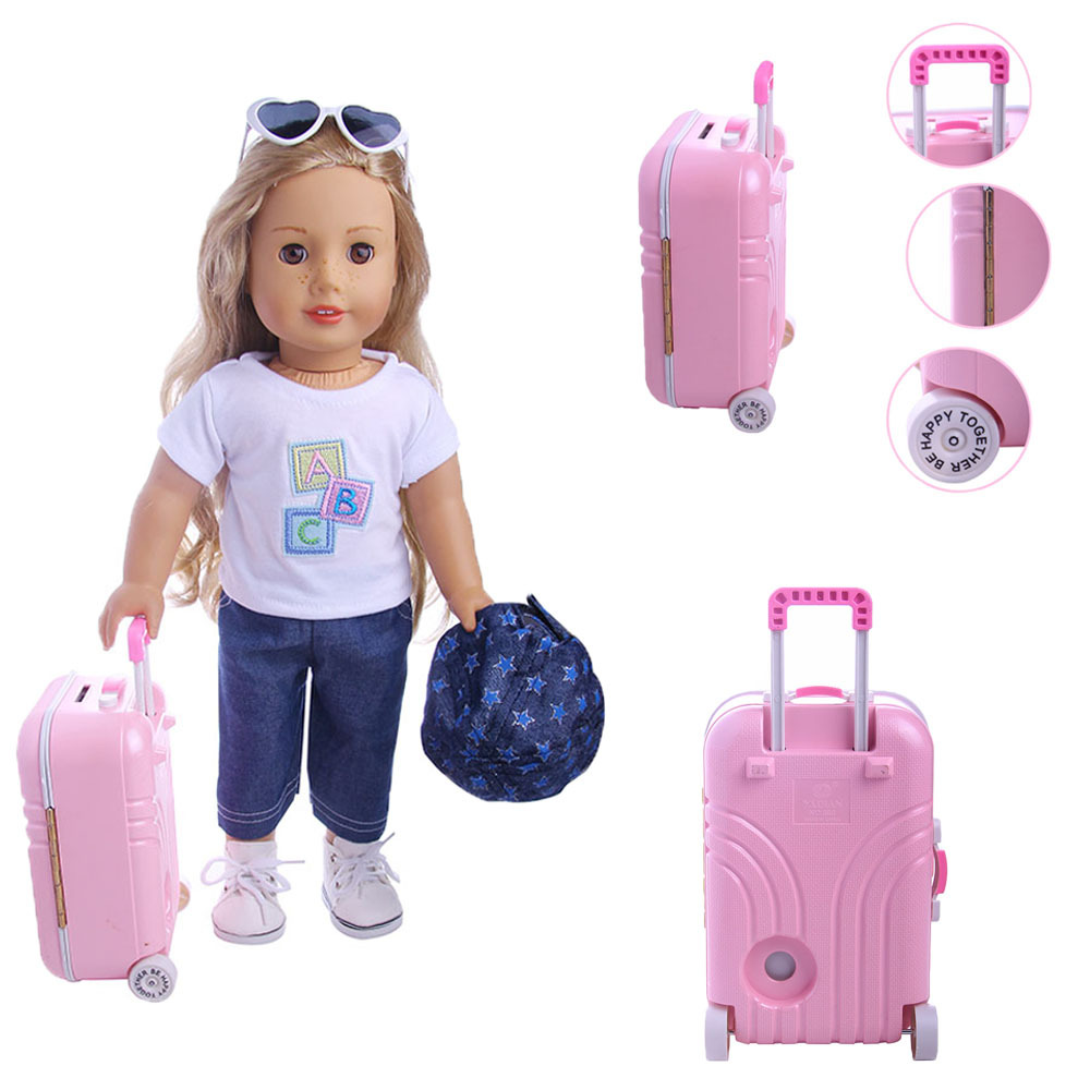 18 pulgadas American Girl muñeca accesorios equipaje 43cm xiafu muñeca trolley caso equipaje fábrica pelo recto