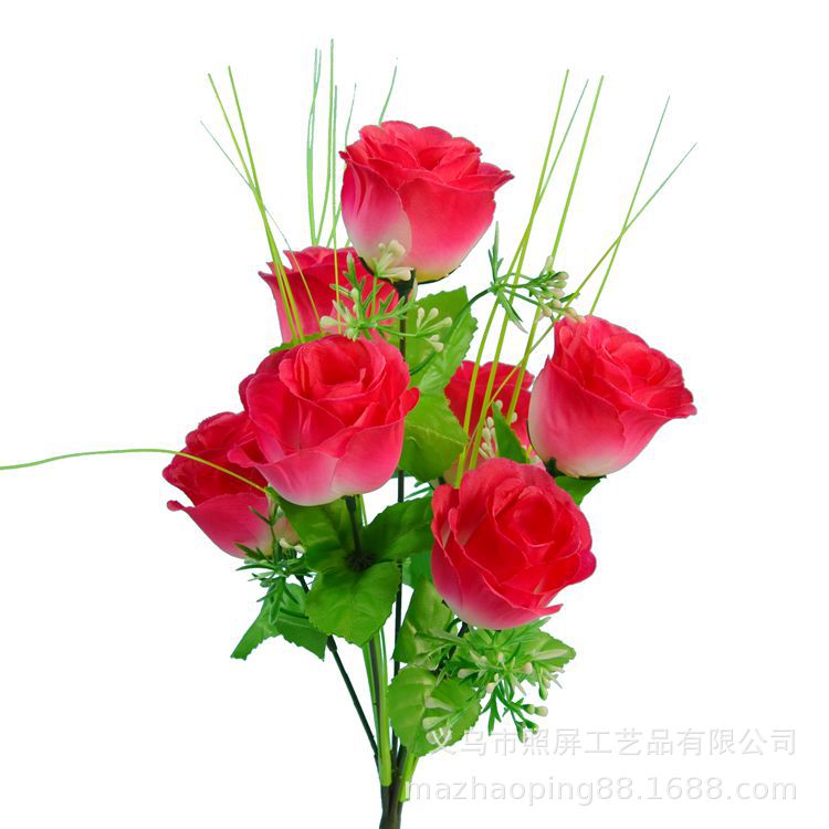 Yiwu fabricante de pantalla en stock al por mayor flor artificial 7 Artificial Rosa tela de seda 7 Pavo Real Rosa pequeña flor