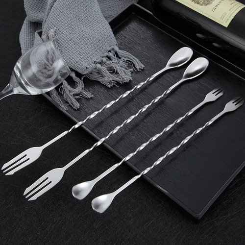 Stirring Spoon 304 Stainless Steel Long Handle Bar Spoon Ice Spoon Double-Headed Stirring Spoon Fork Long Handle Cocktail Spoon