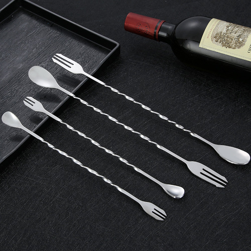Stirring Spoon 304 Stainless Steel Long Handle Bar Spoon Ice Spoon Double-Headed Stirring Spoon Fork Long Handle Cocktail Spoon