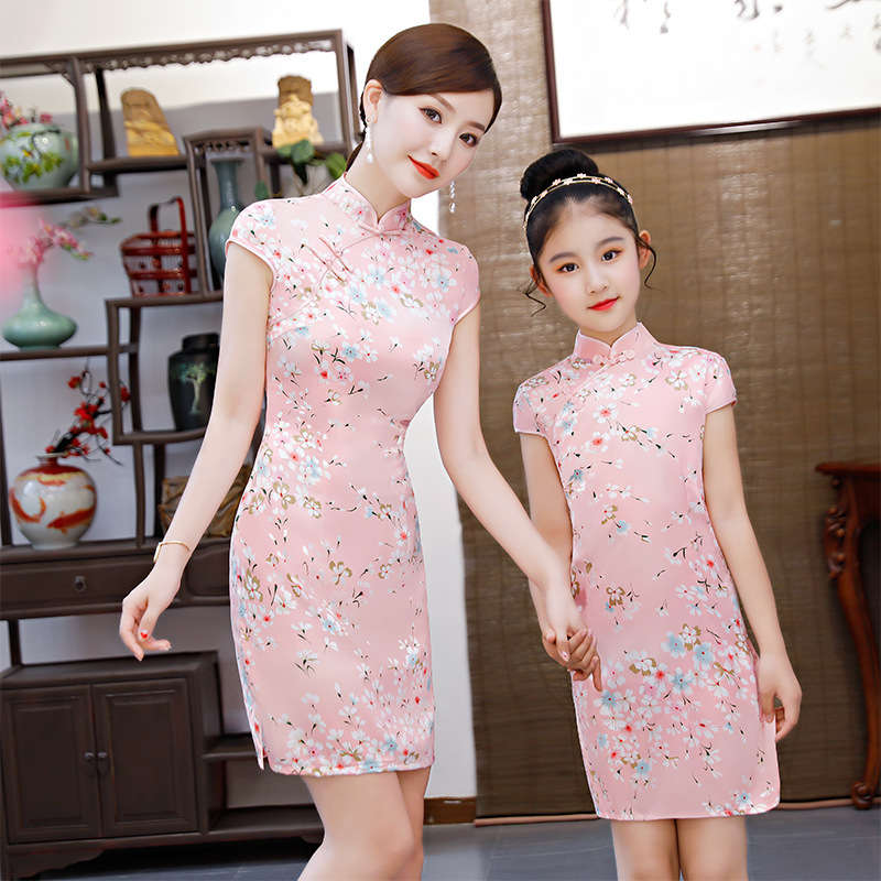 Ropa de padre-hijo ropa de mujer cheongsam para niños estilo chino cheongsam antiguo cintura ajustada pequeño vestido floral slim fit