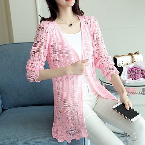 2025 Thin Version Korean Spring New Openwork Loose Knit Cardigan Women's Outerwear Air Conditioning Shirt Sun Protection Medium Length Women's Clothing
