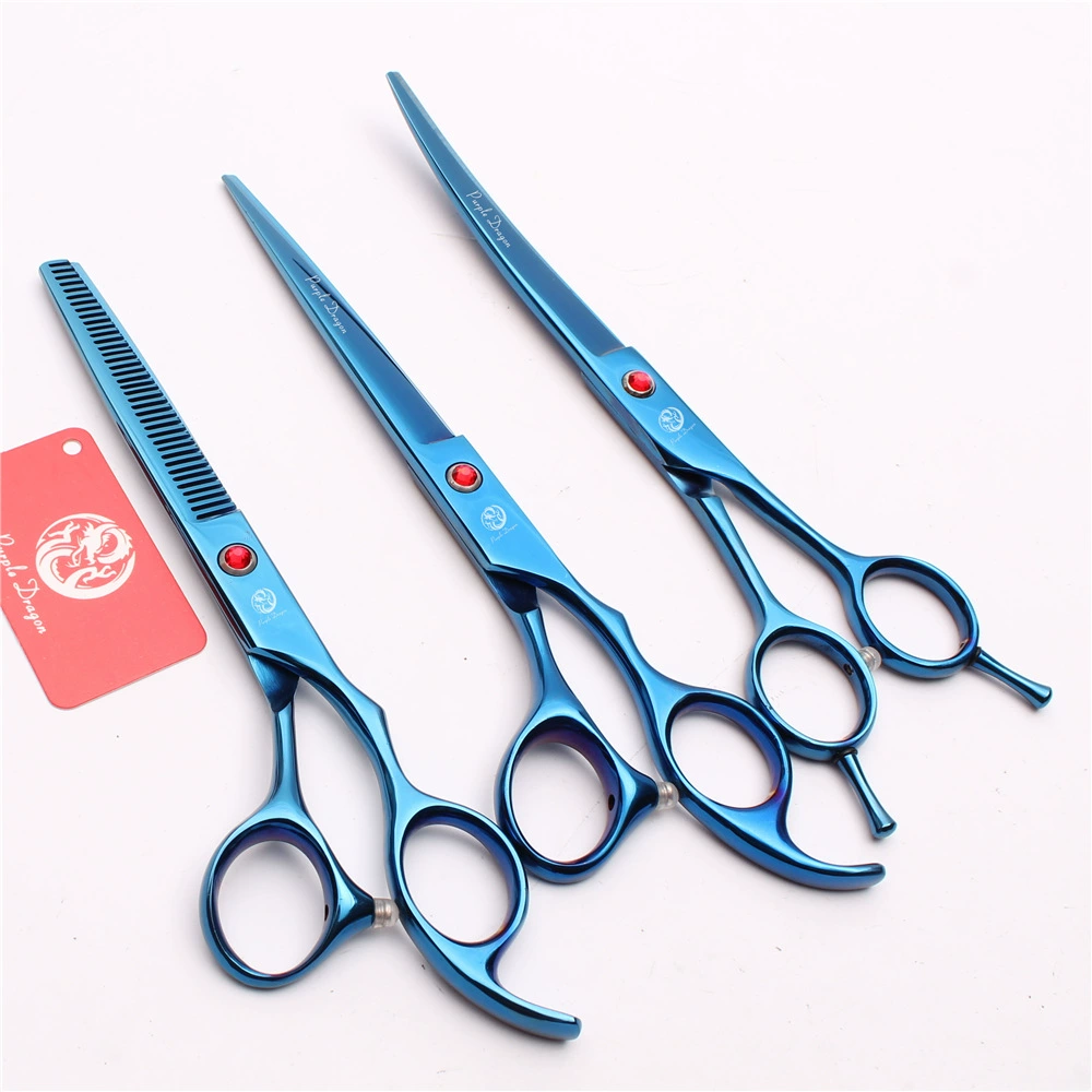 Purple Dragon 7.0 -inch Blue 3 Package Pets Straight Cut Flating Foot Cut, Cut, Shear Cosmetic Scissors Dog