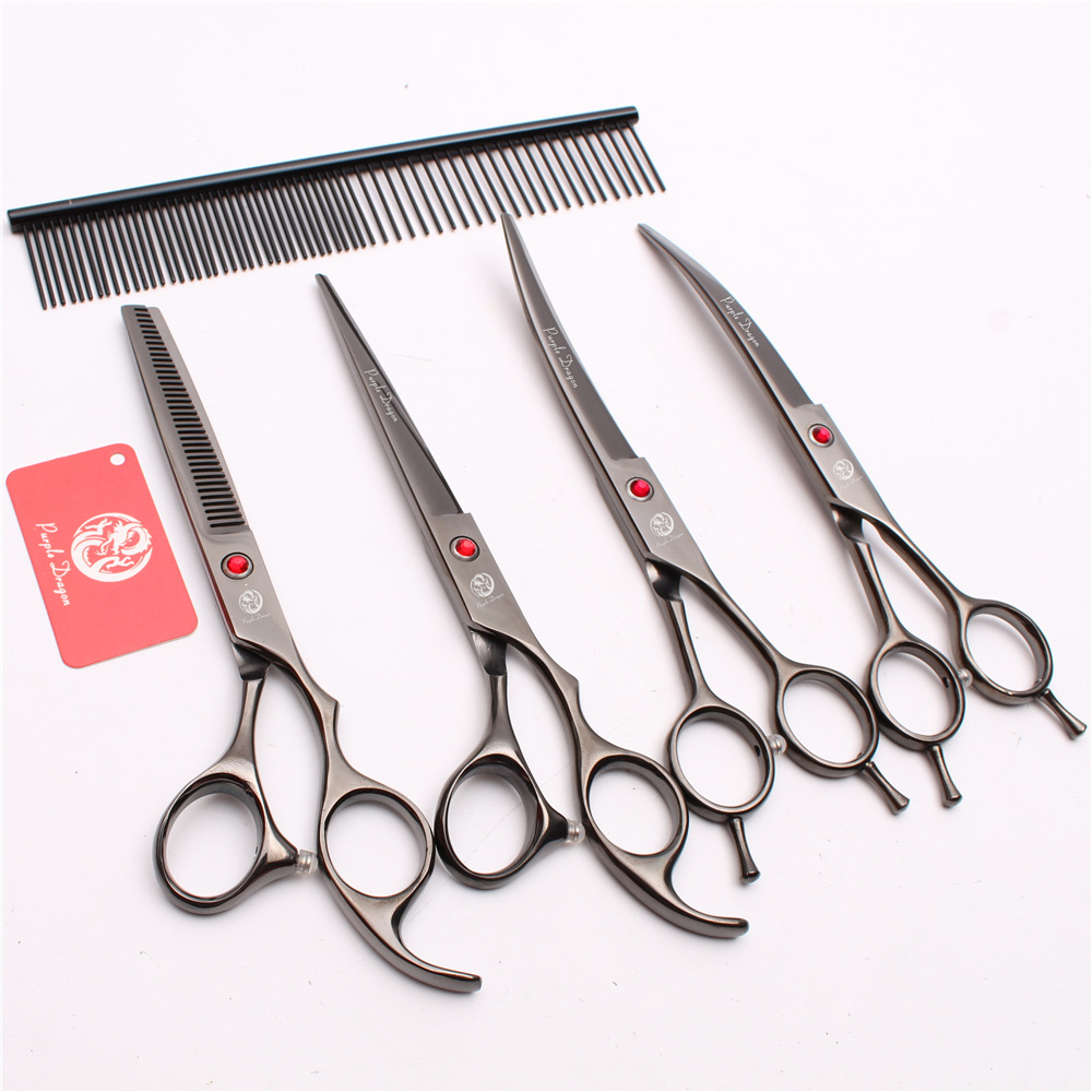 Dragón púrpura Tijeras de belleza de 7 pulgadas Tijeras negras para mascotas Tijeras de corte de pelo Tijeras rectas Tijeras de diente superior curvadas deformando fila peine 5 piezas traje