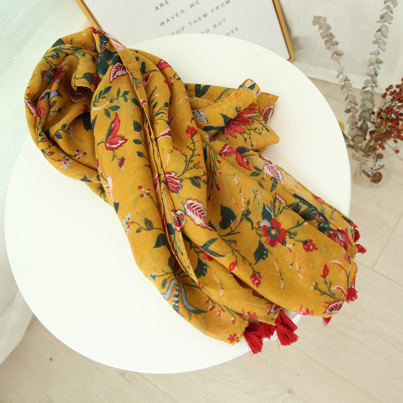 Verano nuevo playa viaje protector solar chal playa toalla vintage estilo étnico amarillo floral algodón y lino bufanda de seda