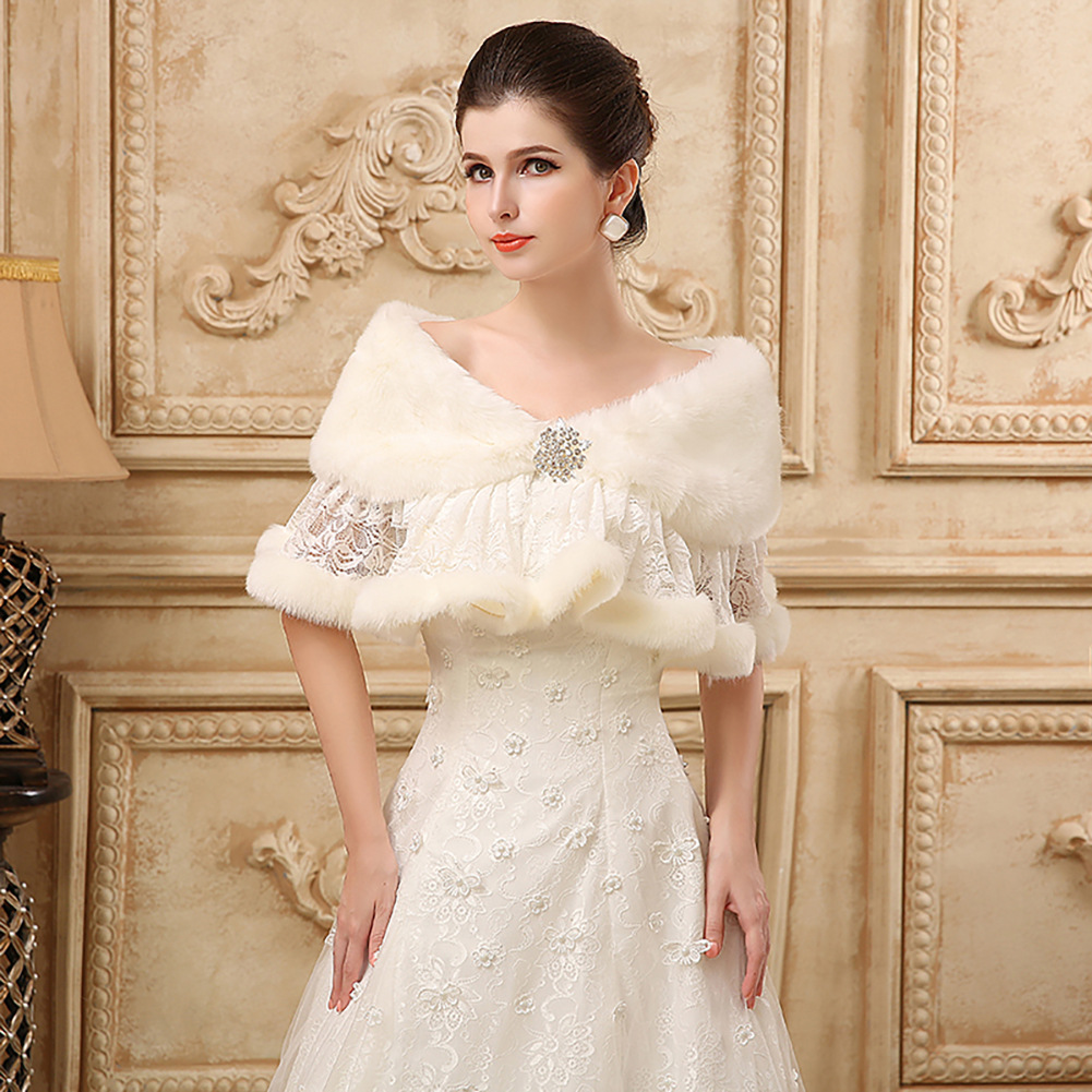 Wedding dress shawl wedding bride plush shawl autumn and winter European and American imitation rabbit fur dress warm fur shawl lace stitching