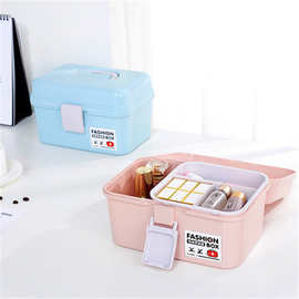 豪丰手提收纳盒双层分类家庭药箱 文具工具收纳箱 透明有盖化妆盒