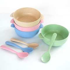 Baby Home Wheat Straw Children's Meal Bowl Kindergarten Eco-Friendly Double-Ear Bowl Spoon Set Wholesale