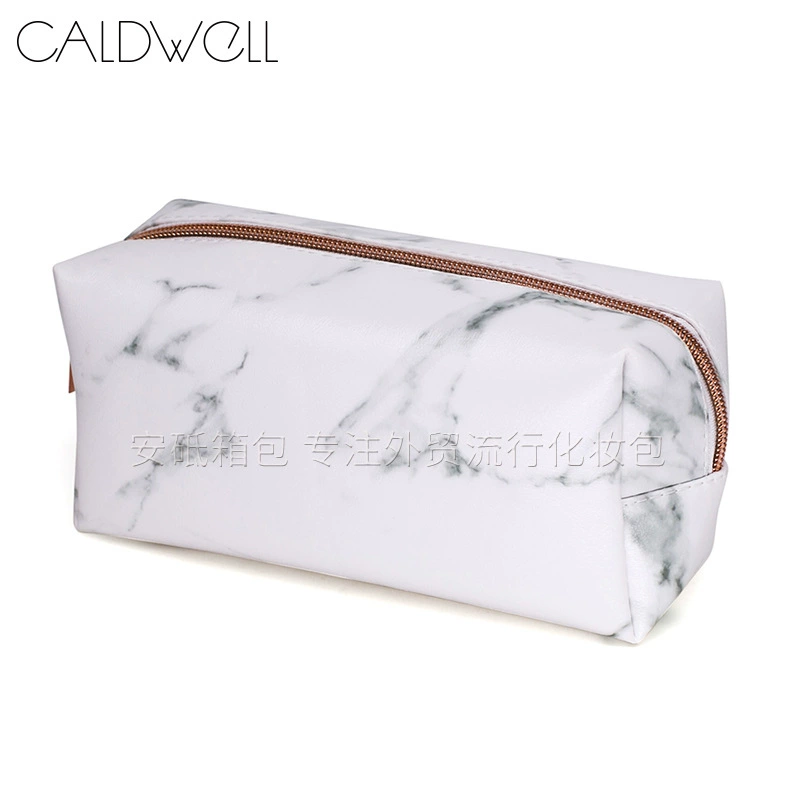 Handheld Cosmetic Bag, Polyurethane Marble Pattern, Compact Clutch Organizer, 19×9×7 cm