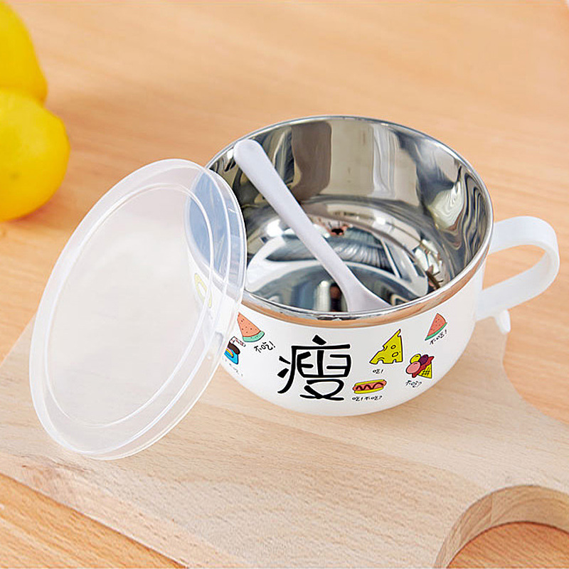 Anti-escaldadura vajilla coreano patrón de dibujos animados aislado tazón de fideos instantáneos con tapa de acero inoxidable redondo fresco de gran capacidad caja de almuerzo