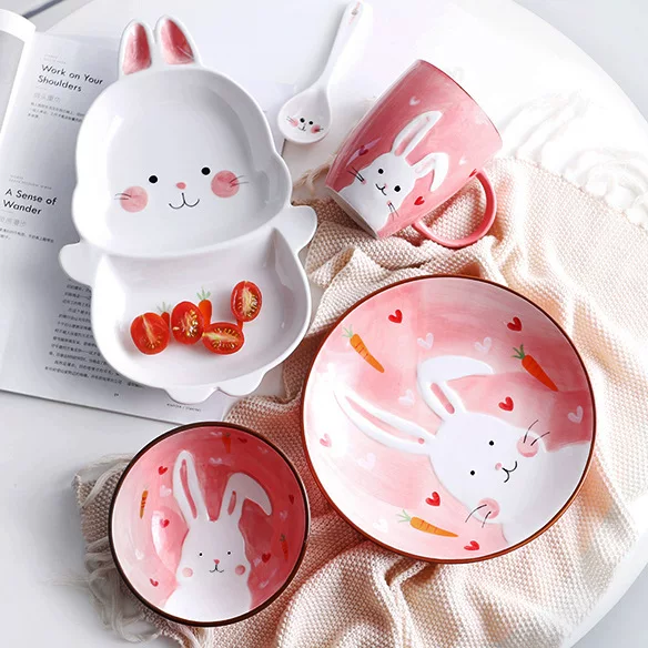 Children's Ceramic Tableware Set, Hand-Painted Animal Designs, Cute Gift Box