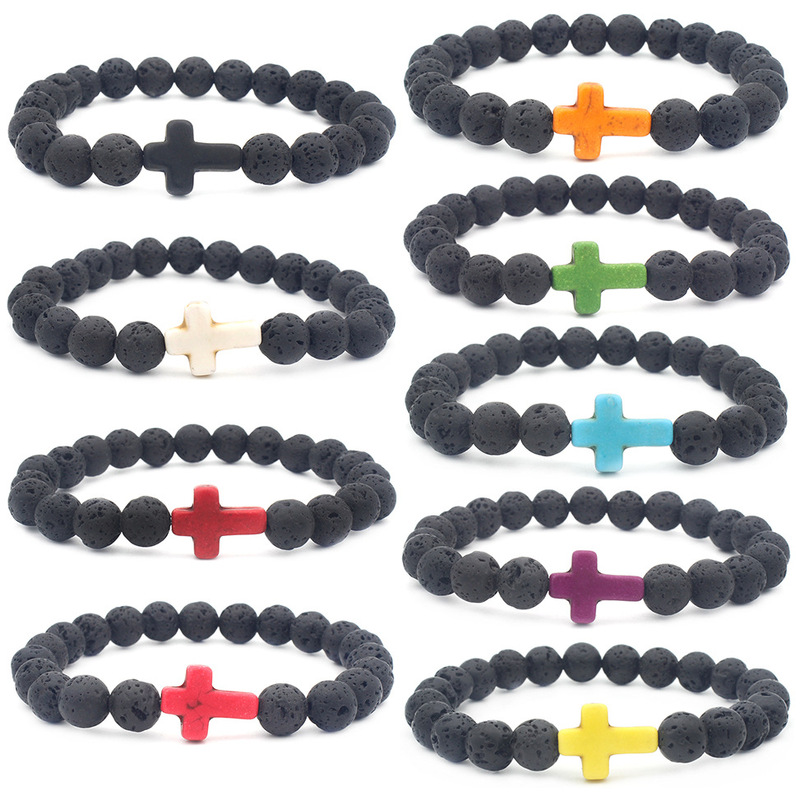 in stock Supply Volcanic Stone Jewelry Stone Bracelet Multicolor Lava Cross Bracelet