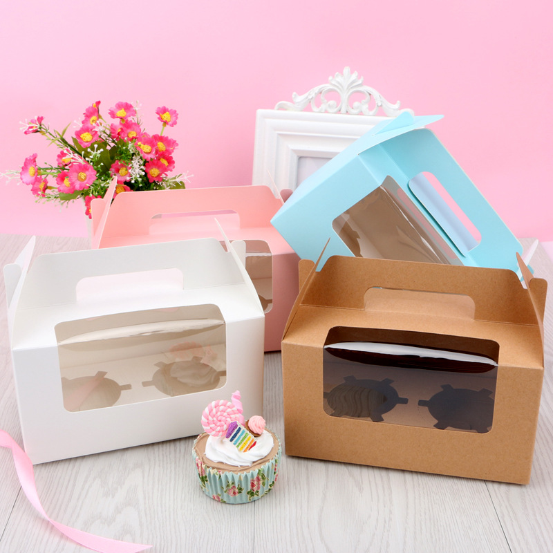 厂家批发2粒2格手提马芬纸杯子蛋糕盒饼干盒布丁瓶慕斯木糠杯盒