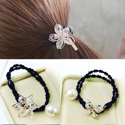 T 珍藏甜美百搭水晶水钻花朵发圈发绳合金扎发皮筋头绳头花发饰