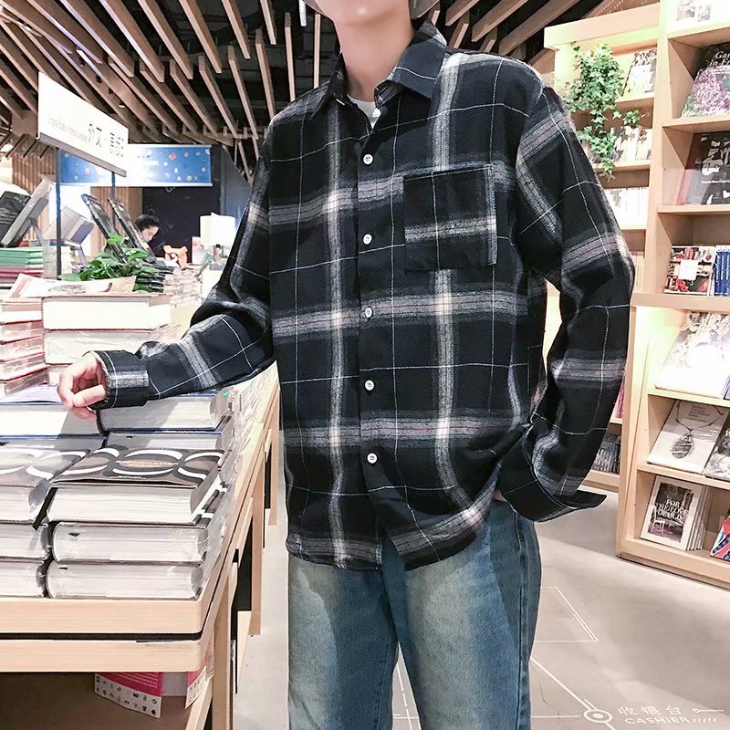 Autumn New Couple Clothing BF Style Korean Loose Plaid Shirt Students Autumn New Long Sleeve Plaid Shirt