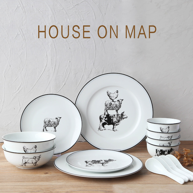 Simple Ceramic Tableware Set American Country Farm Animal Rice Bowl Plate Household Microwave Dishes Factory