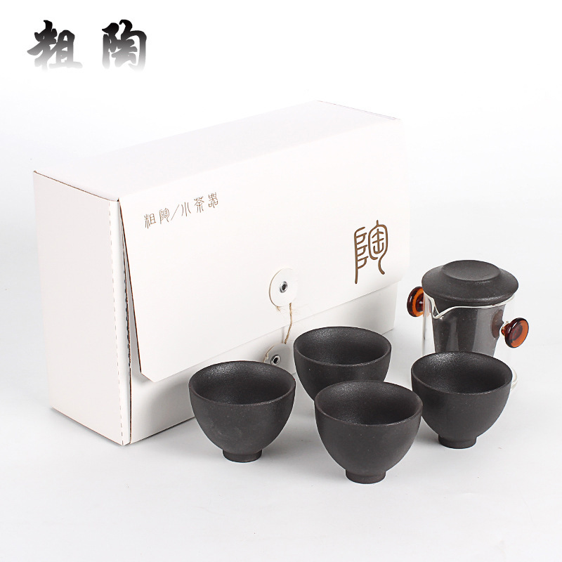 Stoneware kung fu tea set suit vintage kiln ceramic glass black tea tea maker one pot four cups gift box