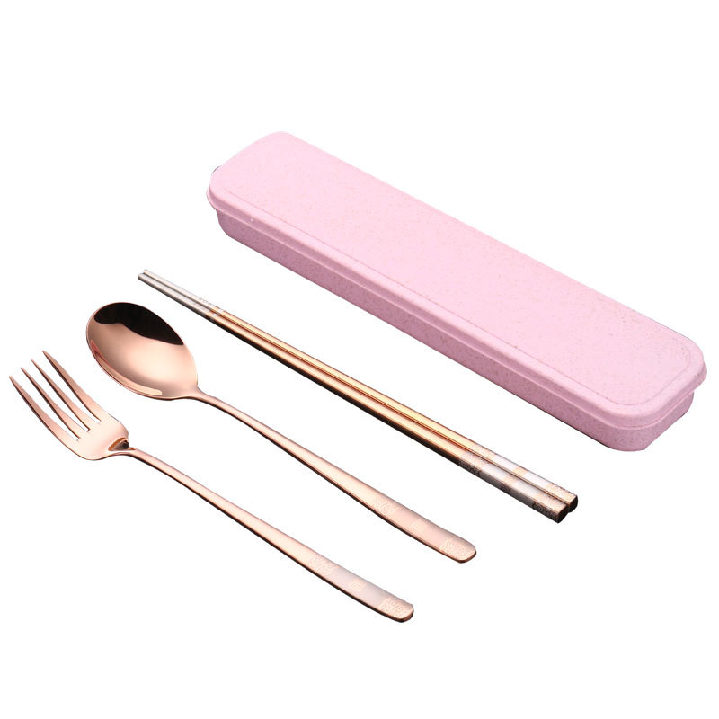 304 de estilo coreano de acero inoxidable palillos cuchara Tenedor de titanio plateado fu carácter estudiante de viaje vajilla portátil de tres piezas conjunto