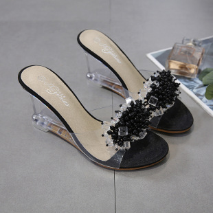 833-3 Wedge Sandals Women's Summer 2021 New Sexy Crystal Transparent High Heels Glass Rhinestone Wedge Sandals