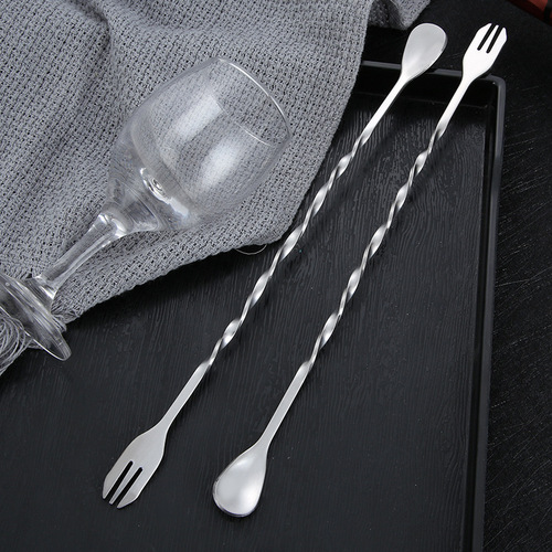Stirring Spoon 304 Stainless Steel Long Handle Bar Spoon Ice Spoon Double-Headed Stirring Spoon Fork Long Handle Cocktail Spoon