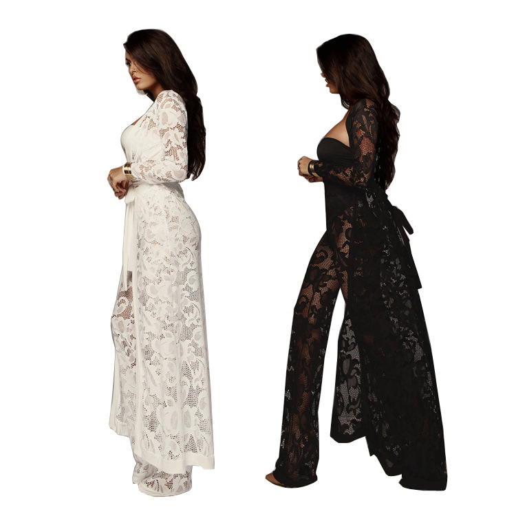 Traje de mujer deseo Comercio exterior europeo y americano pantalones de pierna ancha de encaje de otoño sexy de mujer traje casual de tres piezas al por mayor image 5