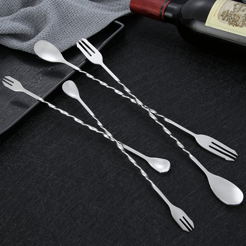 Mixing Spoon 304 Stainless Steel Long Handle Bar Spoon Ice Spoon Double-purpose Mixing Spoon Fork Long Handle Cocktail Mixing Spoon