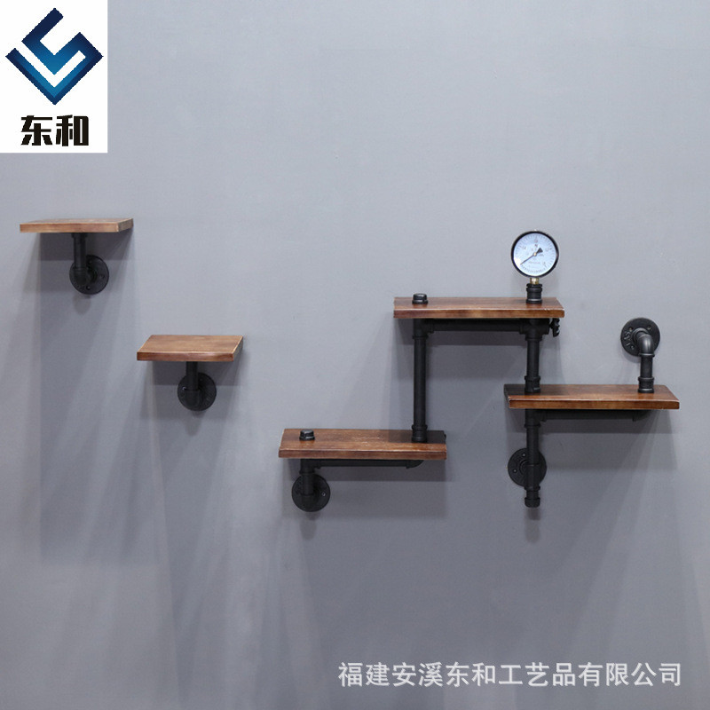 American Retro Industrial Air Pipe Rack Iron Solid Wood Wall Hanging Shelf Decorative Living Room Bookshelf Factory