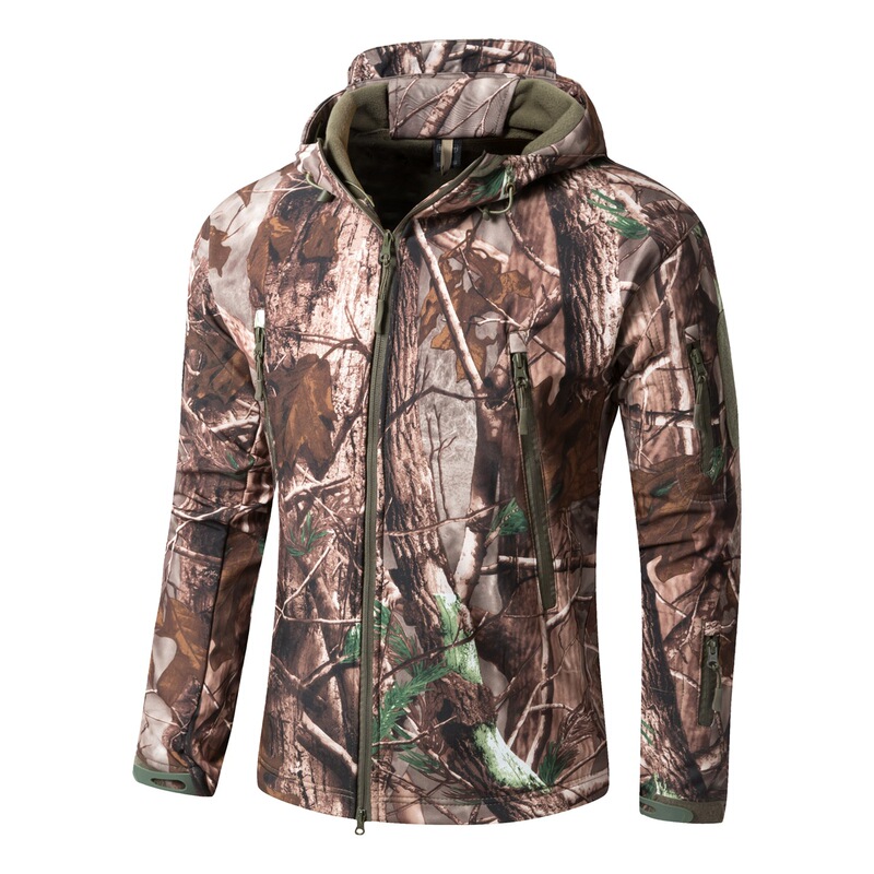 Shark skin soft shell three-in-one jacket men's warm outdoor windbreaker large leaves camouflage fleece-lined jacket hooded