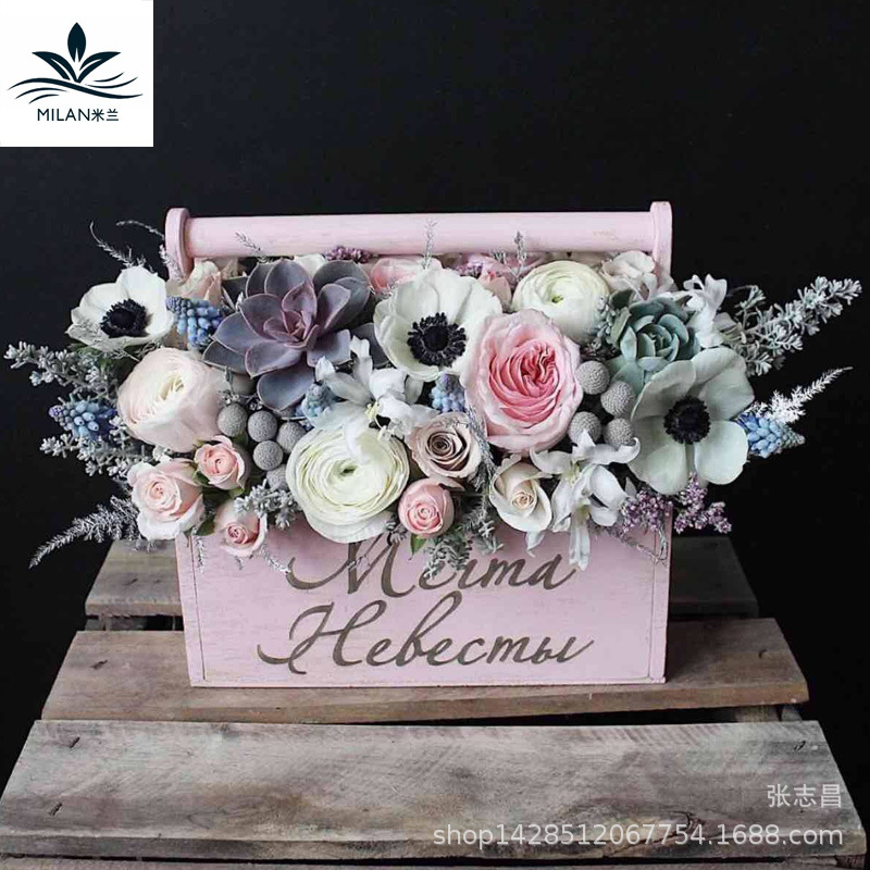 Milan nuevo arreglo de flores hecho a mano cesta de la flor de registro canasta de almacenamiento canasta de flores portátil de madera de estilo coreano