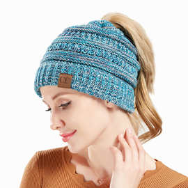 2018秋冬季新款毛线帽时尚贴标开口马尾辫帽子女士混色针织帽子