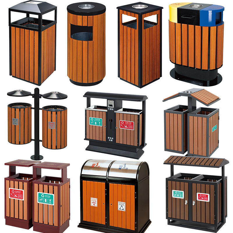 Outdoor Steel Wood Garbage Box Municipal Scenic Area Park Classification Plastic Wood Steel Strip Garbage Bin Sanitation Garbage Bin Storage Bucket