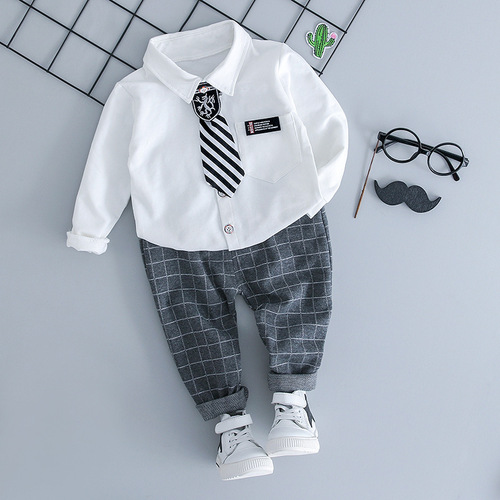 Foreign trade children's clothing boys' autumn children's suits Korean style children's long-sleeved tie shirt two-piece set factory wholesale