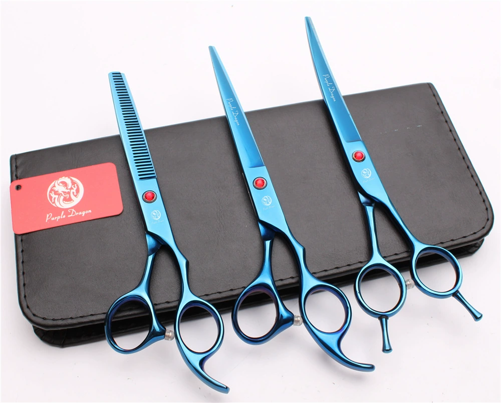 Purple Dragon 7.0 -inch Blue 3 Package Pets Straight Cut Flating Foot Cut, Cut, Shear Cosmetic Scissors Dog