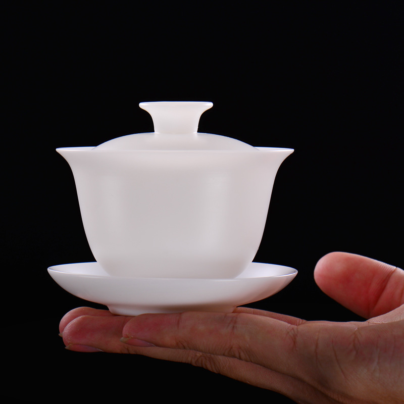 Winjiang Dehua hecho a mano de porcelana blanca de tres piezas Cuenco de la cubierta de la grasa de las ovejas de jade de porcelana Fina rueda redonda de fusión de té de Kung Fu tazón de té de la boda solo Tazón