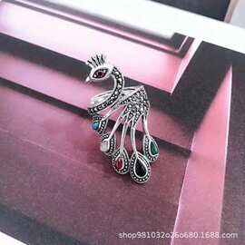 S925泰银镶五彩石孔雀开口女士锆石宝石纯银指环戒指复古一件代发