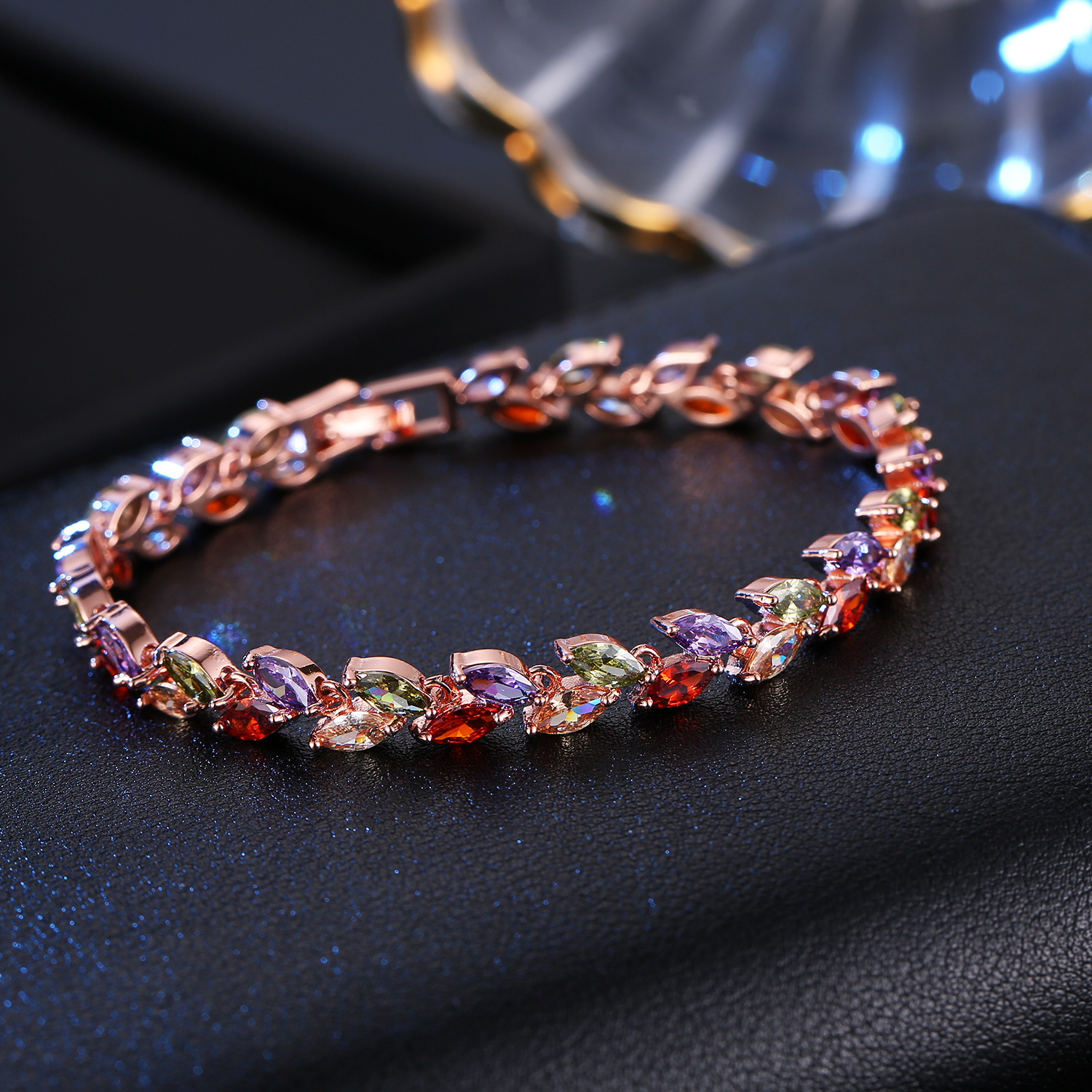 Rainbow Zircon Bracelet Seven Color Rice Grain Design With Forget Me Not Elements Jewelry_voghion.com