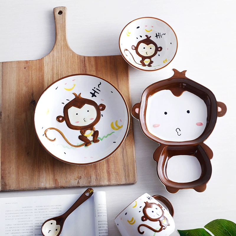 Children's Ceramic Tableware Set, Hand-Painted Animal Designs, Cute Gift Box