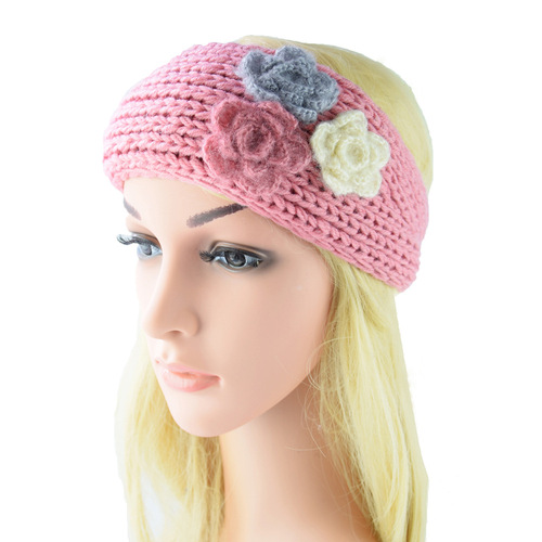 European and American-style knitted mohair flower yarn headband with earflaps, hand-knitted colorful headband for warmth—perfect for fall and winter.