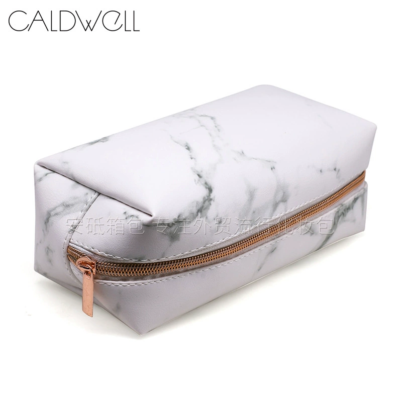 Handheld Cosmetic Bag, Polyurethane Marble Pattern, Compact Clutch Organizer, 19×9×7 cm
