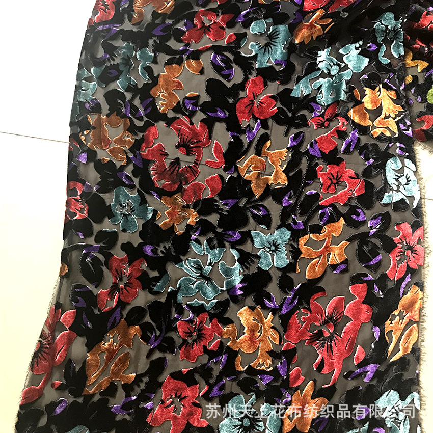 真丝烂花绡印花布女装面料花草涡形巴洛克图形锦绒乔绒烂花交货快