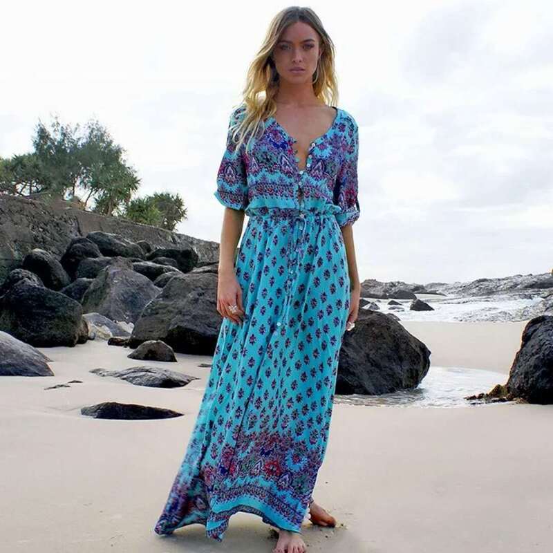Cross-border Hot Blue Long Dress European and American Trend Beach Dress eBay Hot dress Bohemian Style Siaman