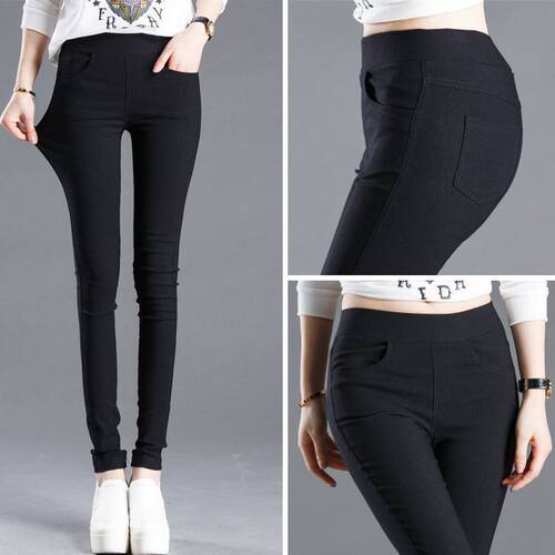 Women's Spring and Summer Tight Leggings, Straight Leg Pants, with Front and Back Pockets, Elastic Mini Foot Pants, Nine-Foot Pants