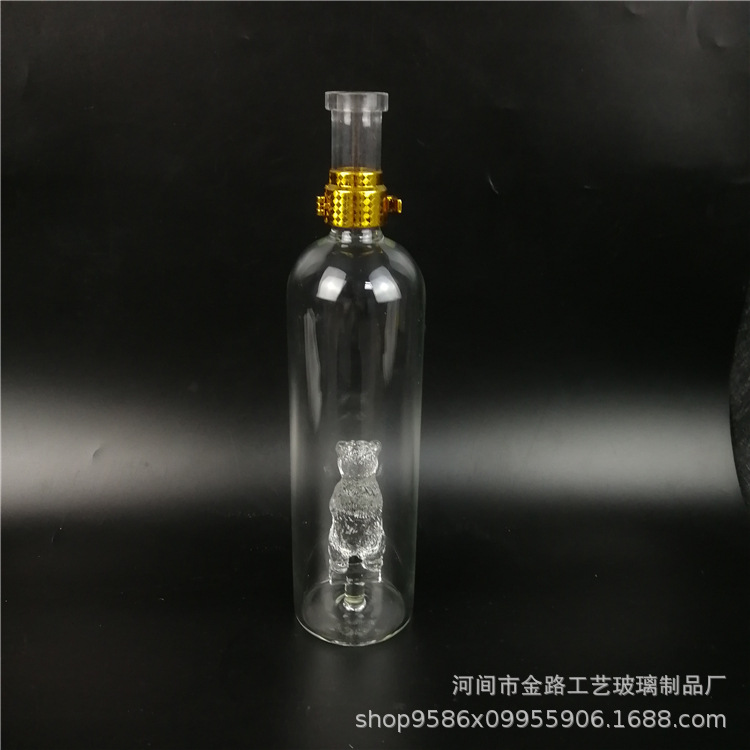供应透明吉祥熊瓶子透明玻璃工艺酒瓶 750ml高硼硅玻璃酒瓶