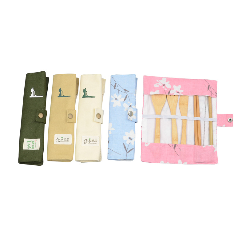 Al Aire Libre portátil estudiante viaje cuchillo de bambú, tenedor y cuchara traje palillos cuchara conjunto bolsa de lona traje de vajilla al por mayor