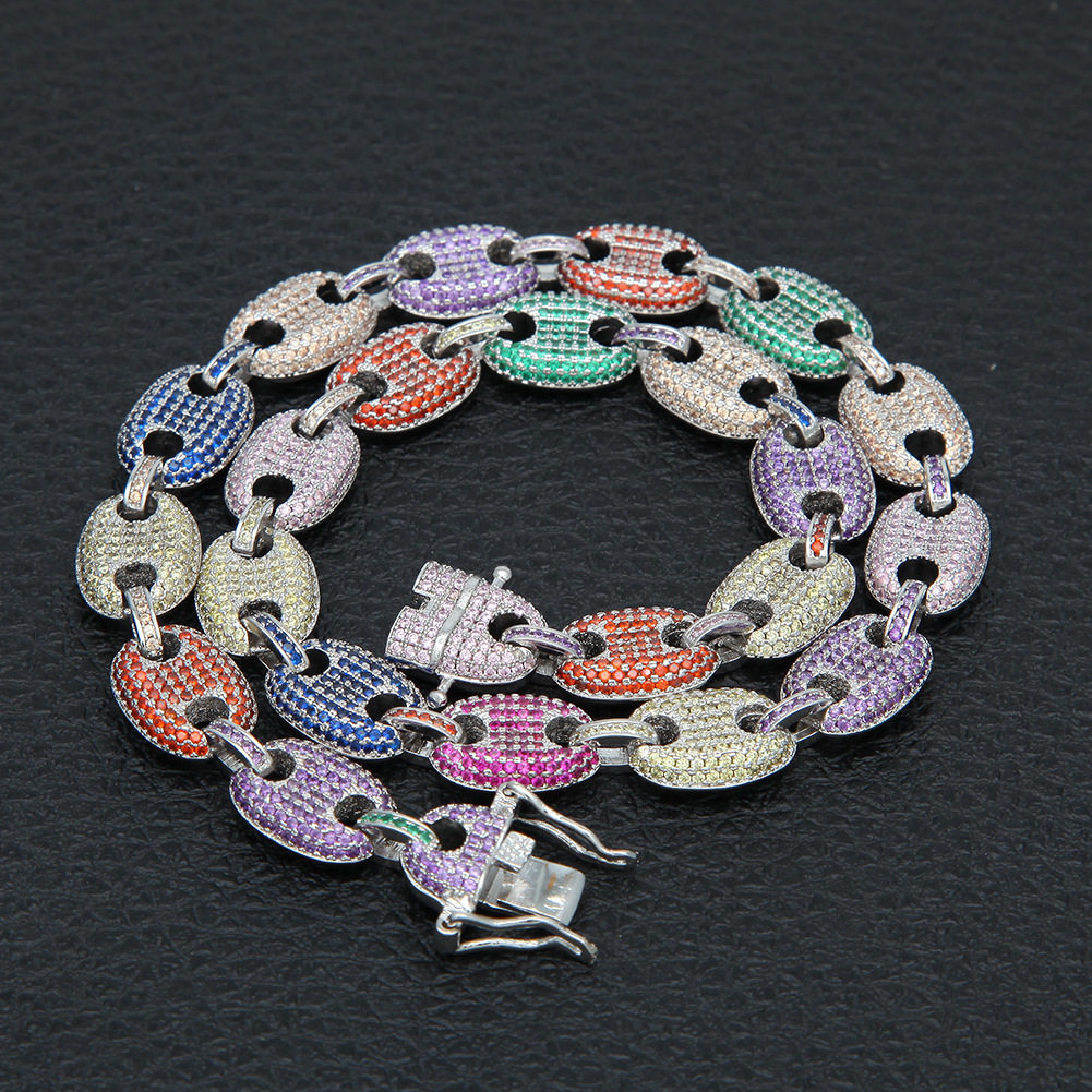 Europeo y americano nuevo hip hop collar color ZIRCON cerdo nariz cadena café grano cadena real oro galvanoplastia joyería multi-Especificación