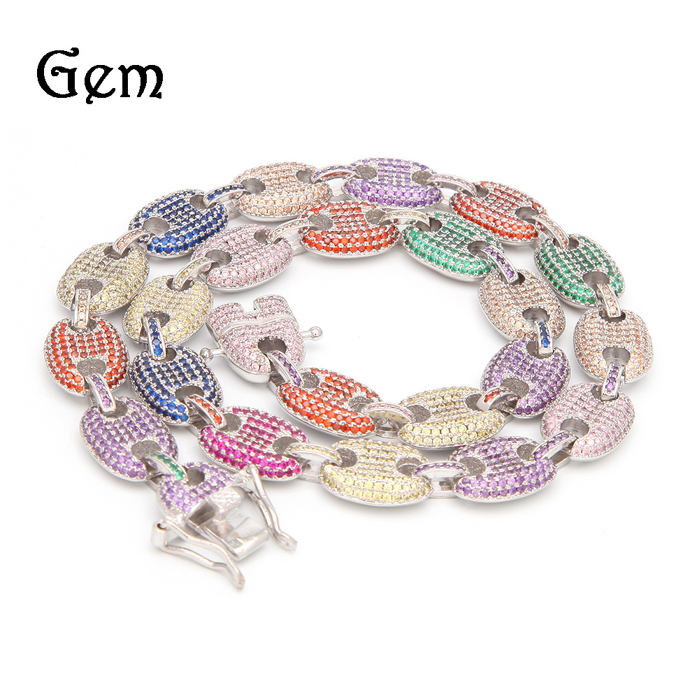 Europeo y americano nuevo hip hop collar color ZIRCON cerdo nariz cadena café grano cadena real oro galvanoplastia joyería multi-Especificación